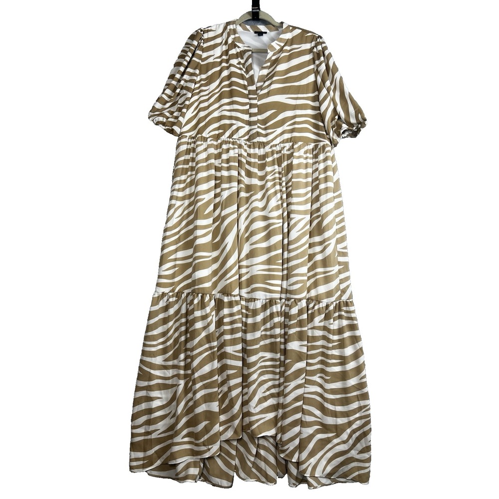 Ann Taylor Tan White Zebra Print Tiered Maxi Dress Puff Sleeve Split Neck M
